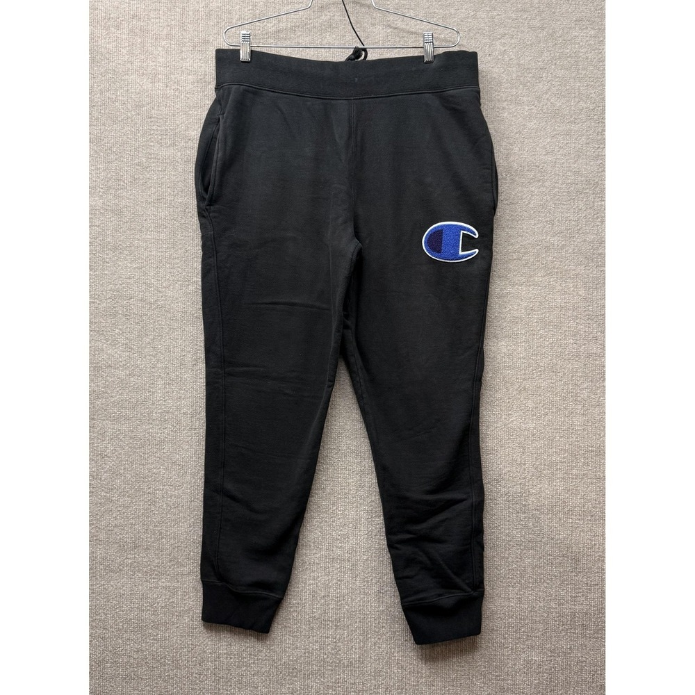 Champion Sweatpants Mens XL Black Reverse Weave Cuffed Joggers Chenille Logo